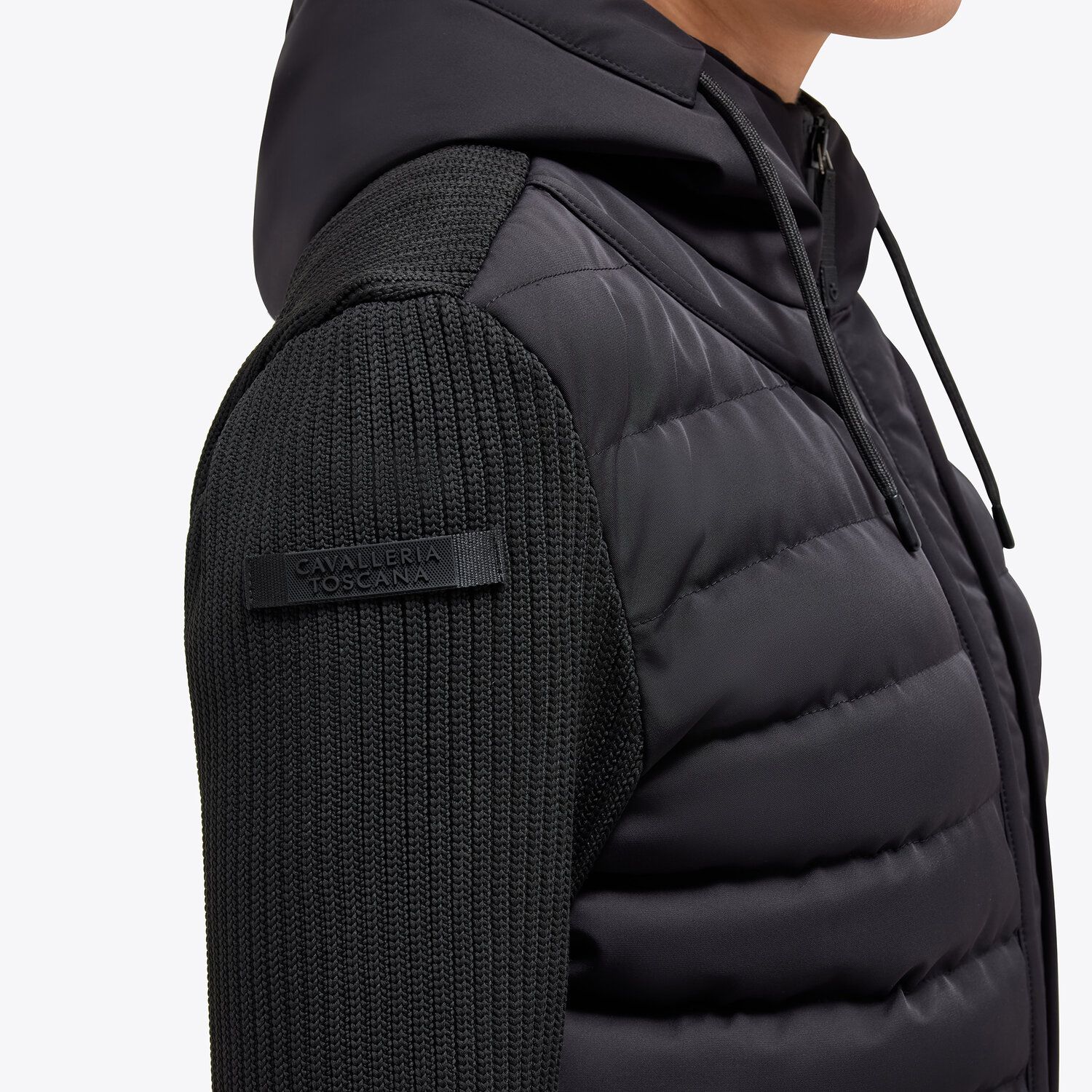 Damen Hybrid Puffer/Tech Knit Hooded Jacket in Schwarz