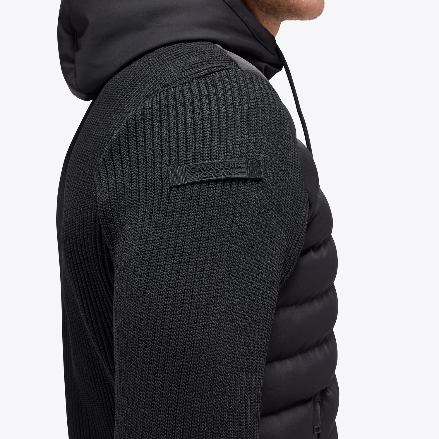 Herren Hybrid Puffer/Tech Knit Hooded Jacket in Schwarz