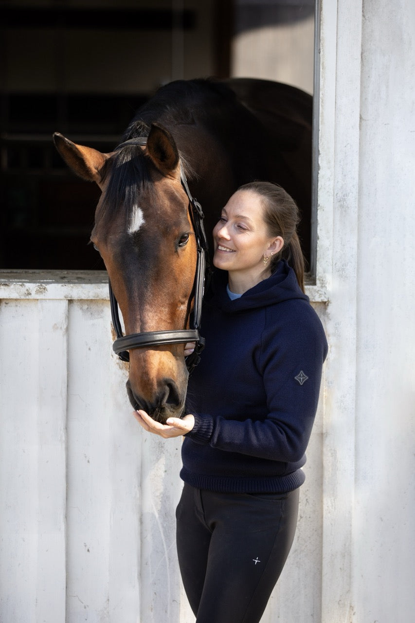 Reiterin im navy Pullover mit Pferd am Stallfenster – Reitbekleidung für Damen