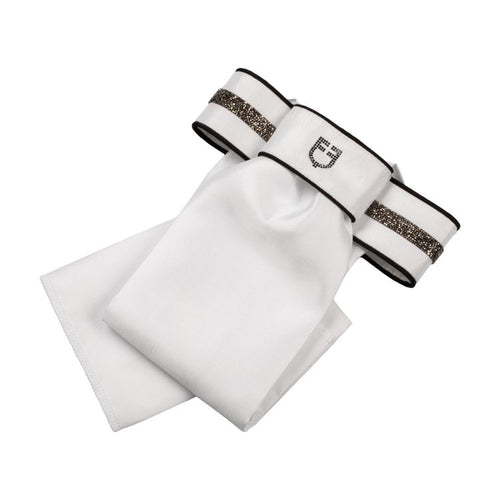 White technical dressage plastron with rhinestones, black piping and Equestro logo – elegant competition accessory for equestrian athletes.