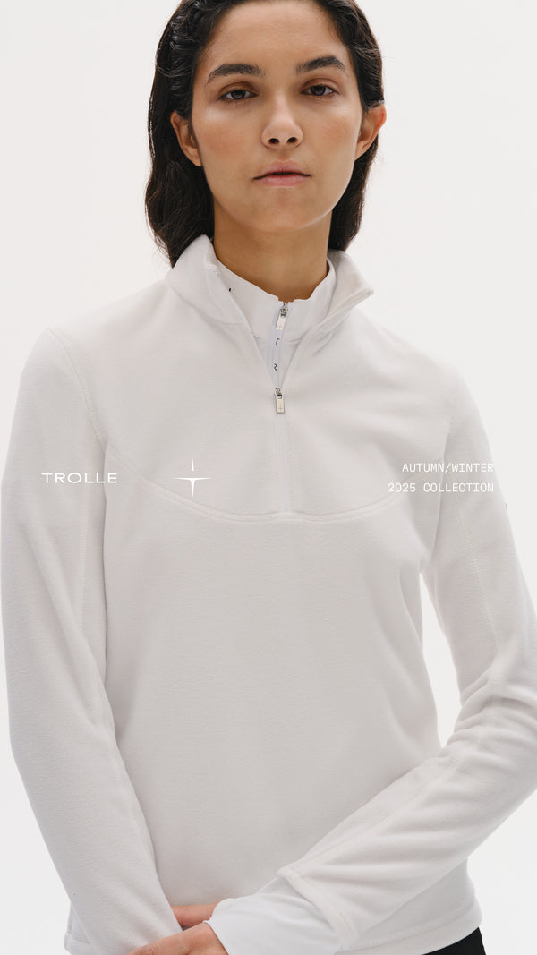 Funktionelles Damen-Fleece, halber Reißverschluss, Daumenlöcher, flexibel, leicht, warm, für Reitsport und Outdoor-Aktivitäten geeignet.