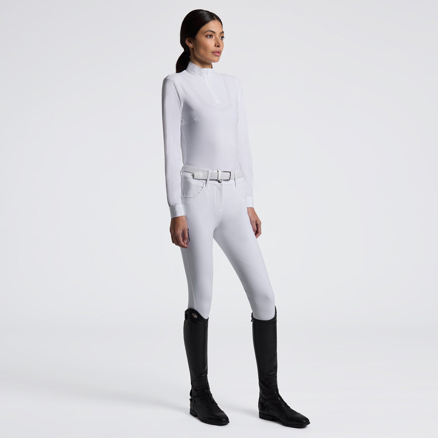 Cavalleria Toscana Damen Turniershirt mit Laser-Cut Einsätzen – Weiß