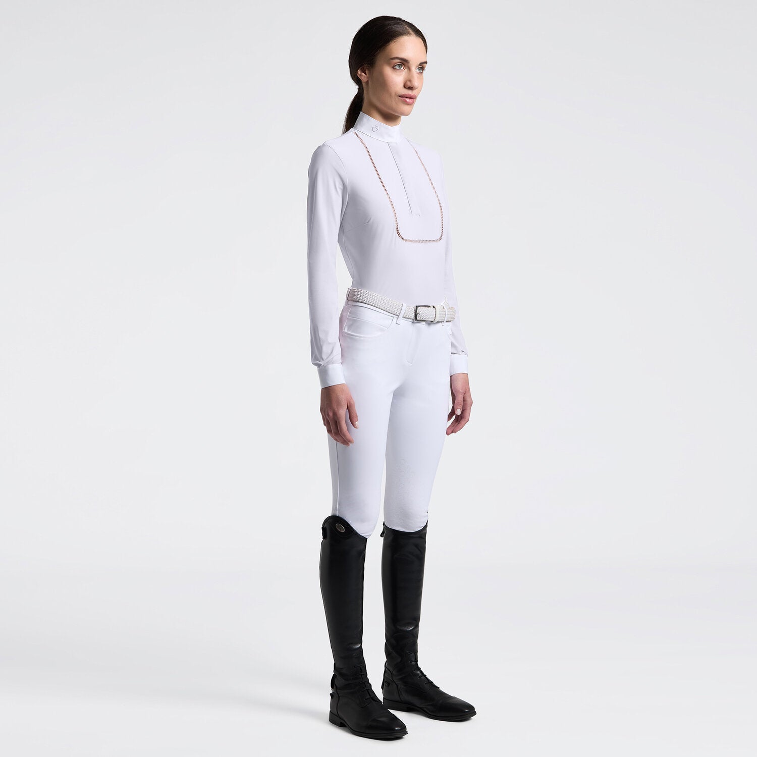 Cavalleria Toscana Damen Reitshirt Langarm mit Stickerei – Weiß