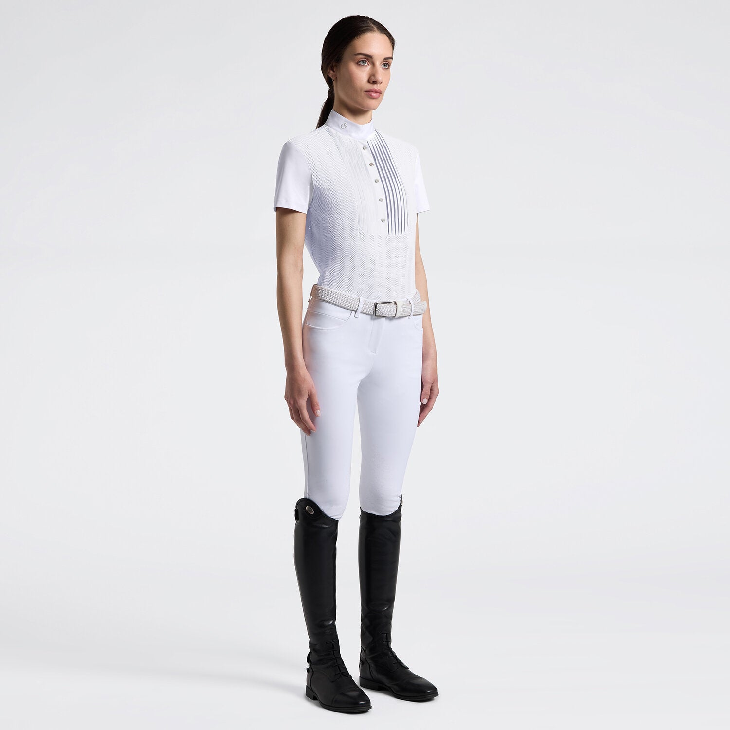 Cavalleria Toscana Damen Reitshirt Kurzarm Perforated mit Halfzip – Weiß