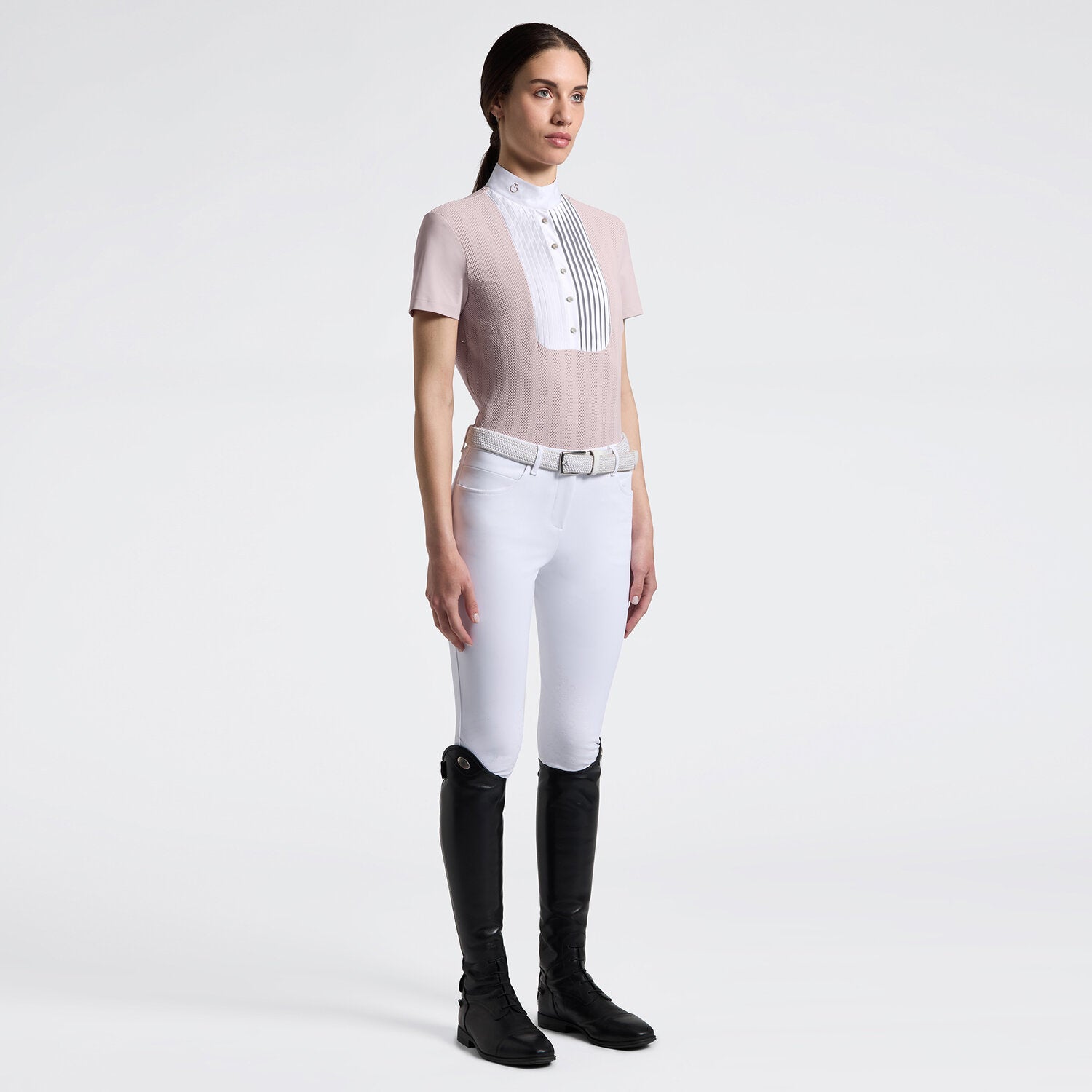 Cavalleria Toscana Damen Reitshirt Kurzarm Perforated mit Halfzip – Violet Ice/Weiß