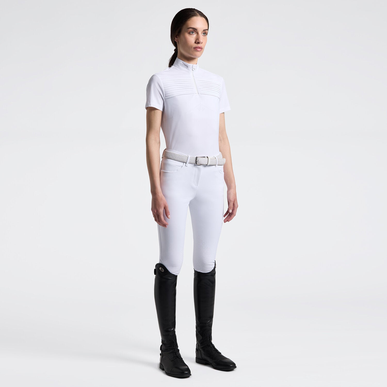Cavalleria Toscana Damen Reitshirt Langarm Plissee – Weiß