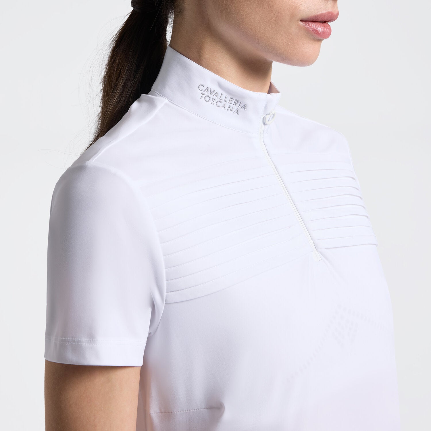 Cavalleria Toscana Damen Reitshirt Langarm Plissee – Weiß
