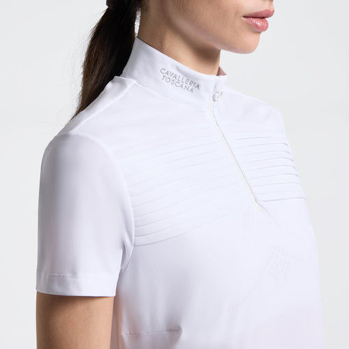 Cavalleria Toscana Damen Reitshirt Langarm Plissee – Weiß