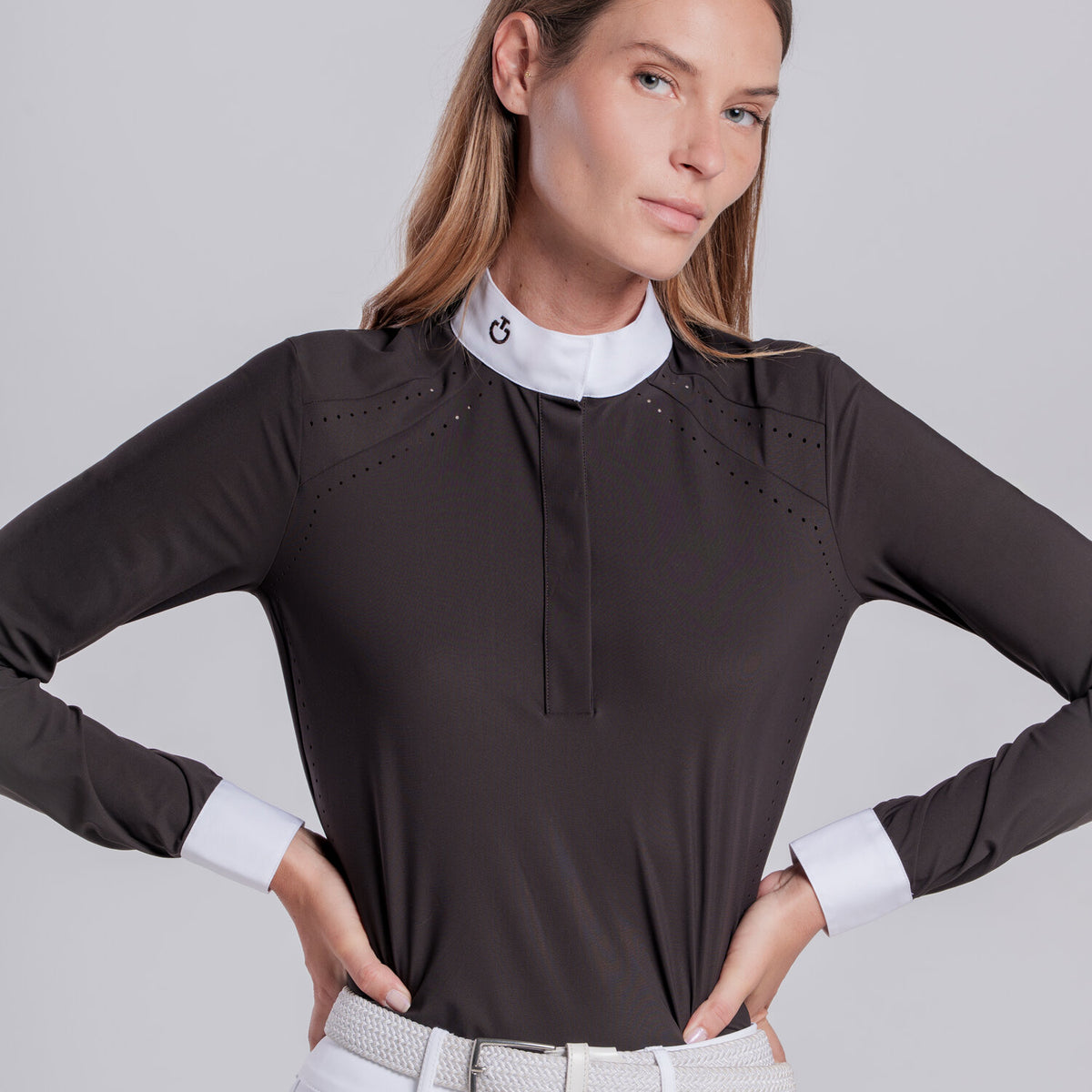 Cavalleria Toscana Damen Turniershirt perforiert Espresso Rückansicht