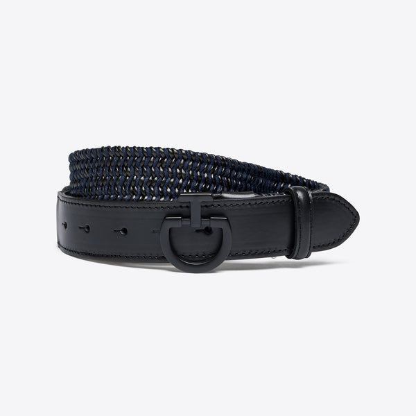 BLUE ELASTIC MEN'S BELT MADE OF LEATHER &amp; WOOL