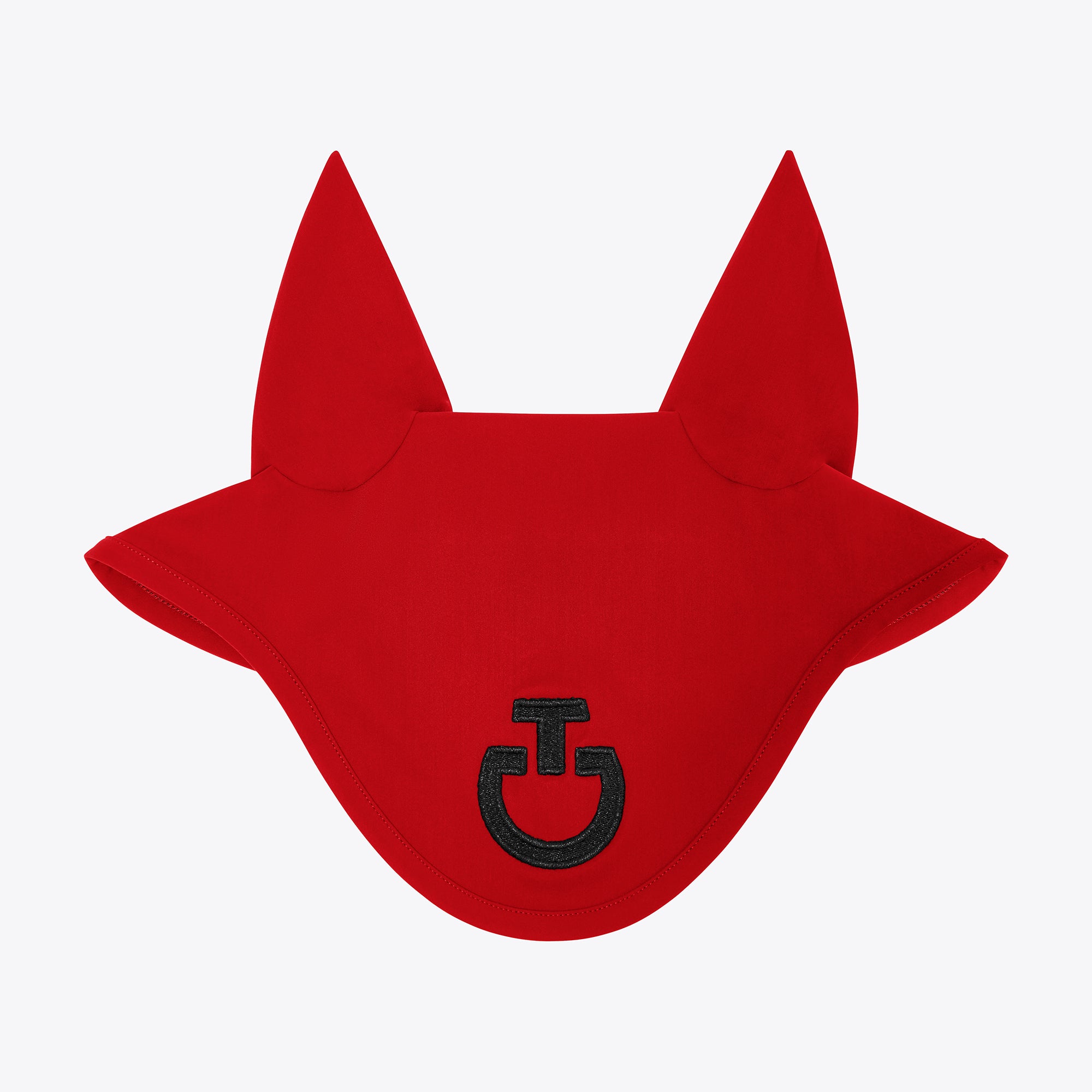 red fly hood with glittering logo in black