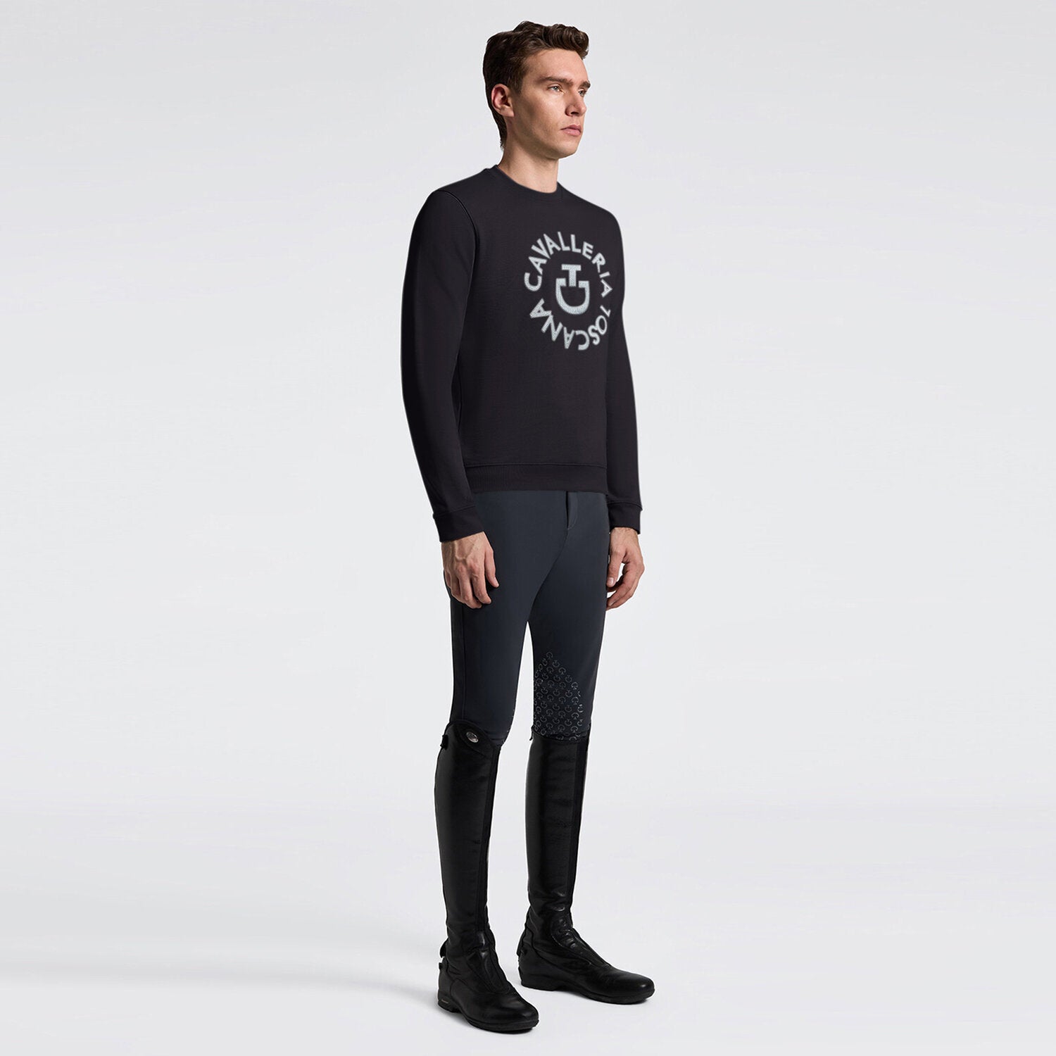 Cavalleria Toscana Herren Rundhalspullover mit Logostickerei – Anthrazit
