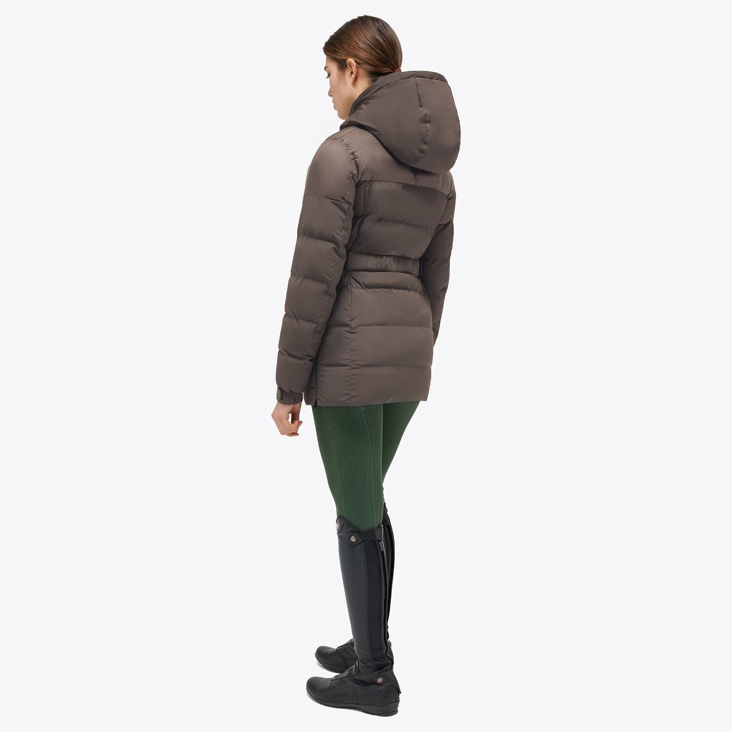 Long down jacket for women in chocolate brown
