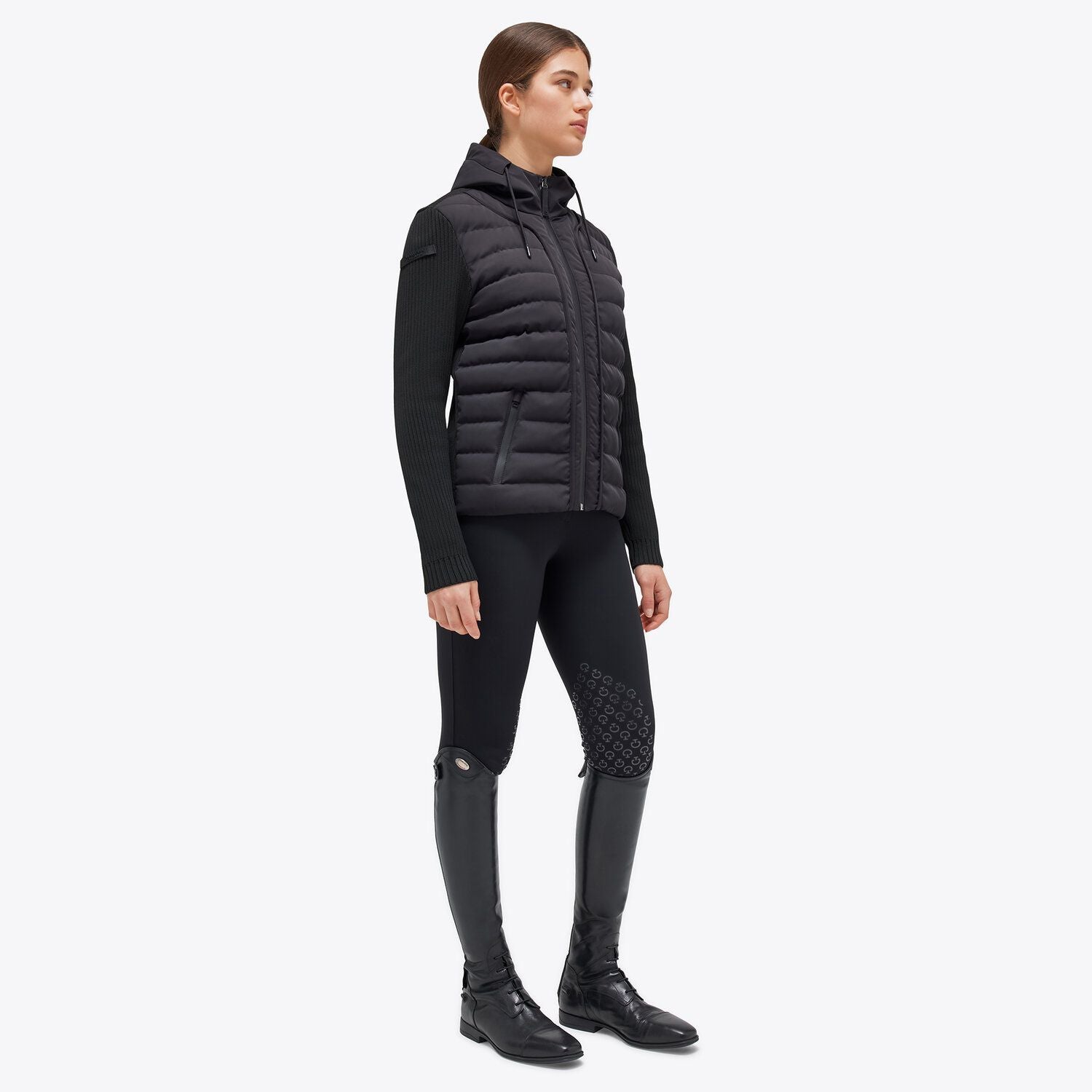 Women's Hybrid Puffer/Tech Knit Hooded Jacket in Black