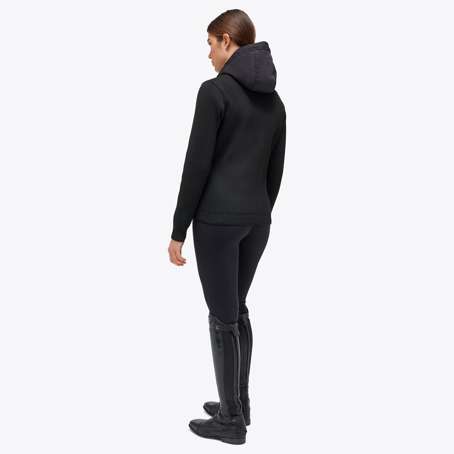 Women's Hybrid Puffer/Tech Knit Hooded Jacket in Black