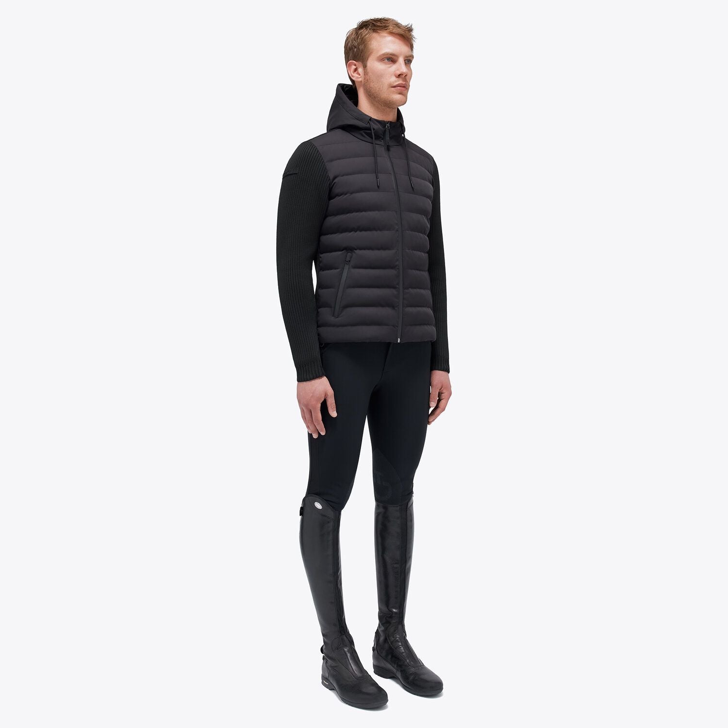 Men's Hybrid Puffer/Tech Knit Hooded Jacket in Black