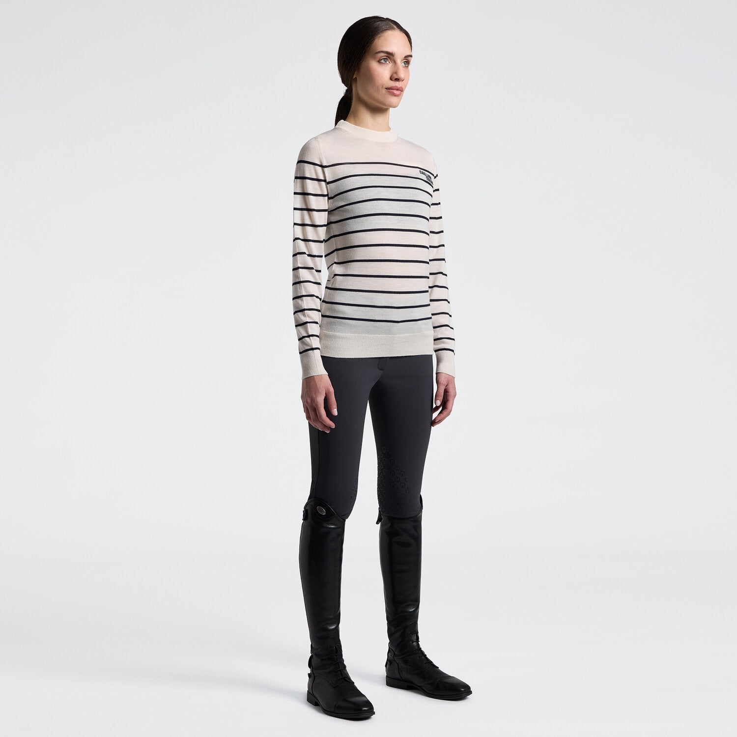 Cavalleria Toscana Damen Merino Pullover Gestreift – Beige/Anthrazit