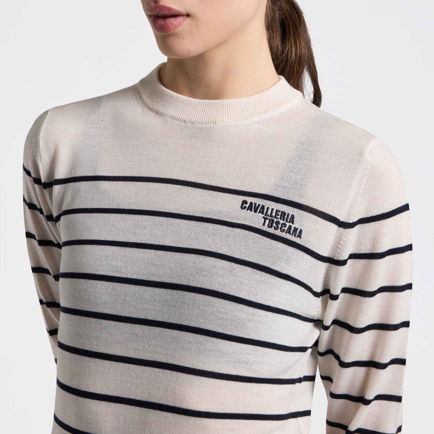 Cavalleria Toscana Damen Merino Pullover Gestreift – Beige/Anthrazit