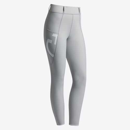 Cavalleria Toscana Women's Jumping Knee Grip Leggings in Grau, auf einem Tisch liegend. Das elastische Material sorgt für einen hohen Tragekomfort und perfekte Passform.