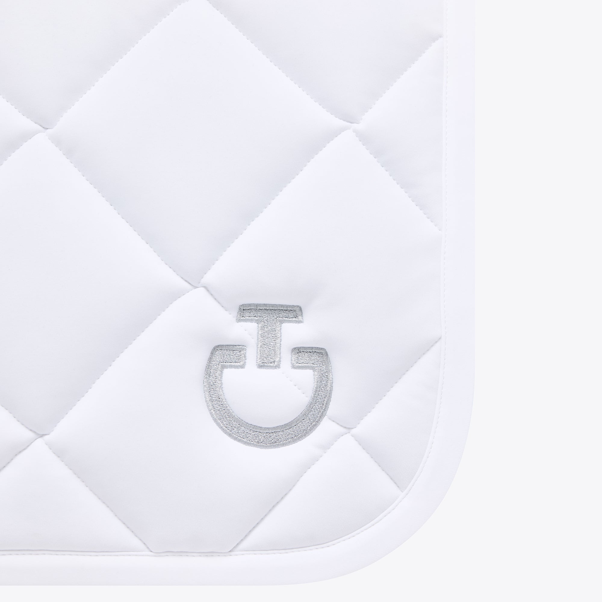 White dressage saddle pad with glitter logo