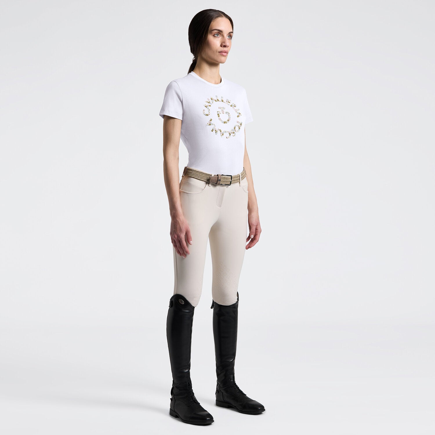 Cavalleria Toscana Damen T-Shirt mit Blumenstickerei – Weiß