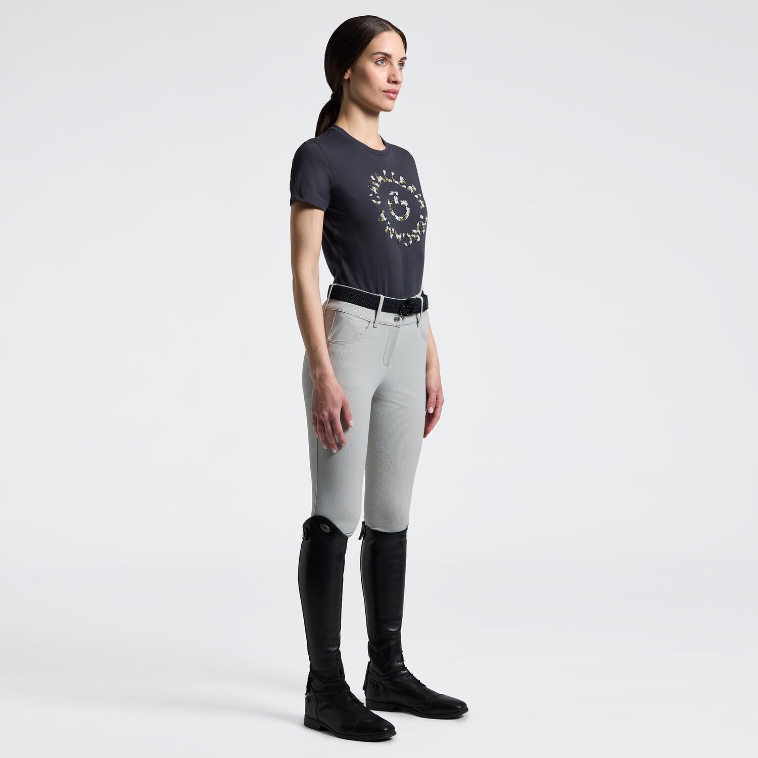 Cavalleria Toscana Damen T-Shirt mit Blumenstickerei – Anthrazit