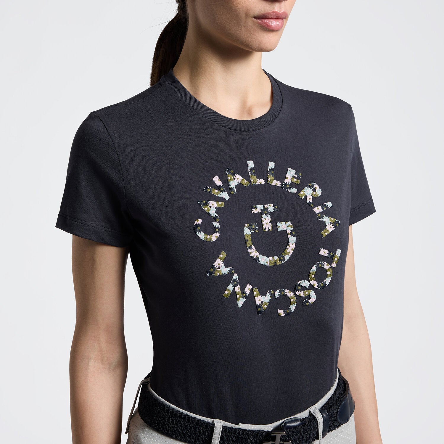 Cavalleria Toscana Damen T-Shirt mit Blumenstickerei – Anthrazit