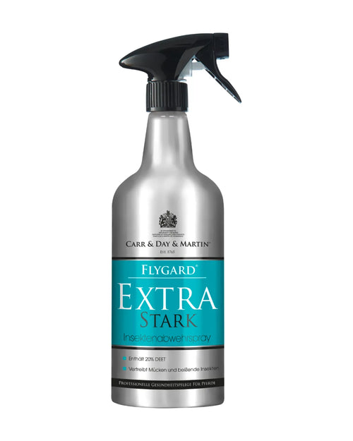 Das Insektenschutz-Spray Flygard Extra Stark von Carr & Day & Martin bietet einen effektiven Schutz vor Mücken und anderen stechenden Insekten für Pferde. Mit einem optimalen DEET-Wirkstoffgehalt von 20% sorgt es für langanhaltende Abwehrkräfte. Die spezielle Formel wurde als stärkstes Fliegenspray entwickelt und hält lästige Insekten zuverlässig fern.