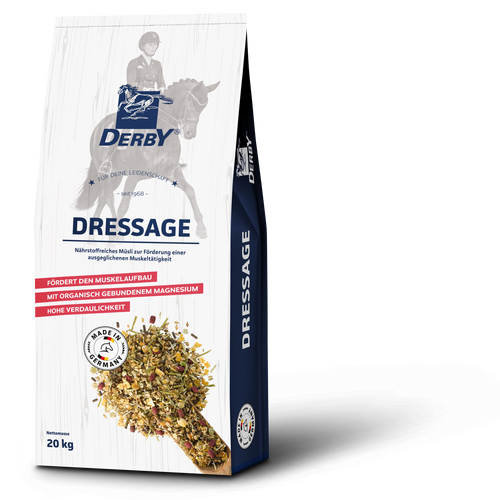 Beutel mit DERBY Dressage Müsli für Pferde – Haferfreies Ergänzungsfuttermittel zur Förderung von Muskelaufbau und Leistungsfähigkeit, angereichert mit Vitamin E und Magnesium.