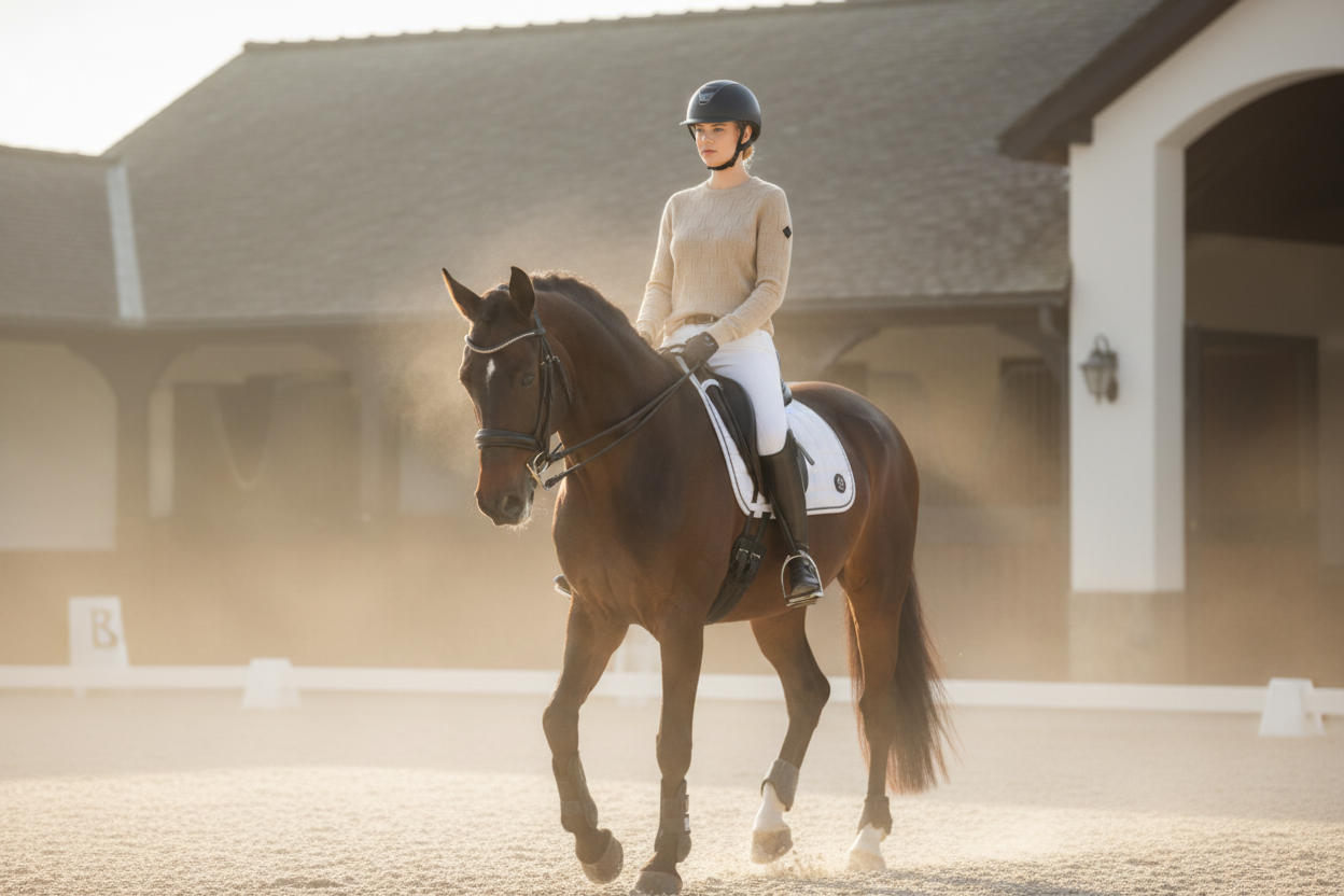 Equinista Hero — Trolle Sweater Sand auf Pferd