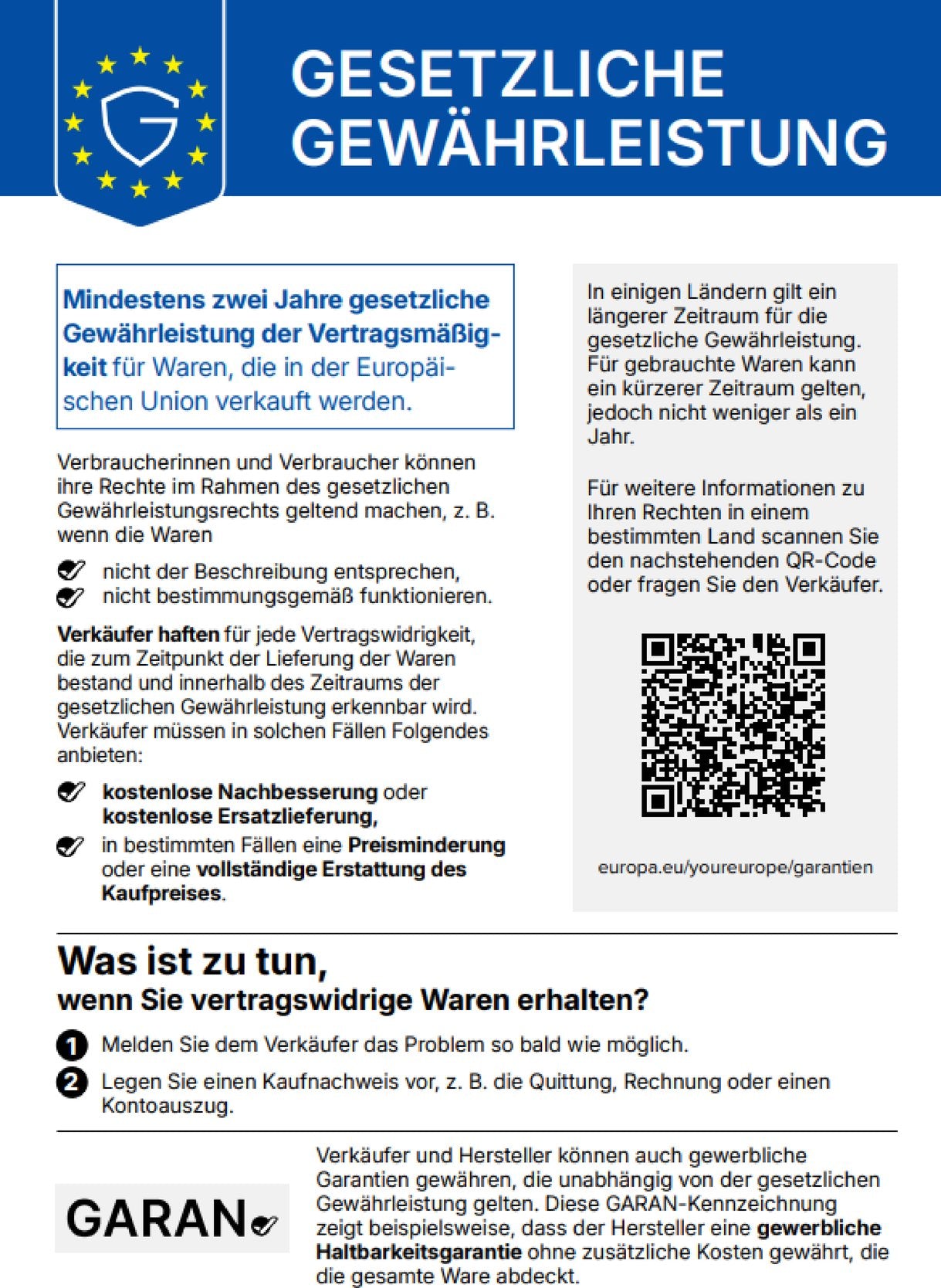 EU-Hinweis: Gesetzliche Gewährleistung – mindestens zwei Jahre gesetzliche Gewährleistung der Vertragsmäßigkeit für Waren, die in der Europäischen Union verkauft werden