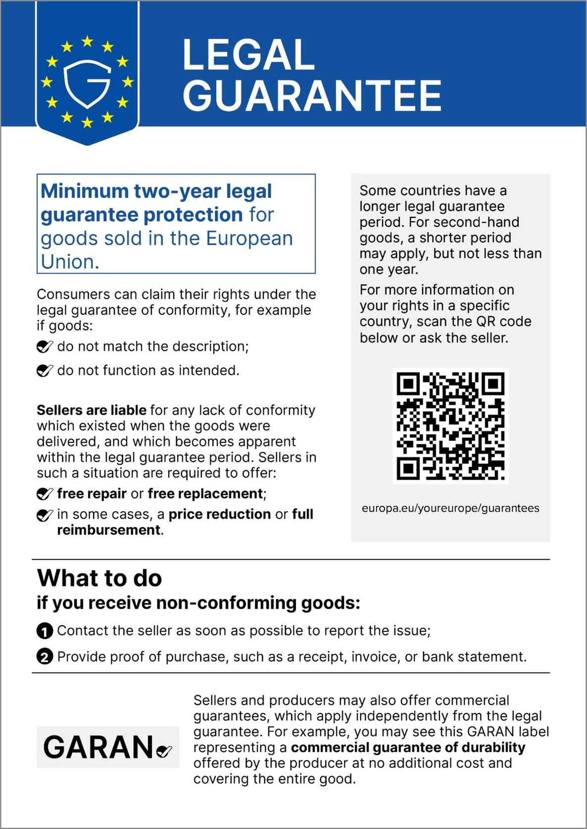 EU notice: Legal guarantee – minimum two-year legal guarantee protection for goods sold in the European Union