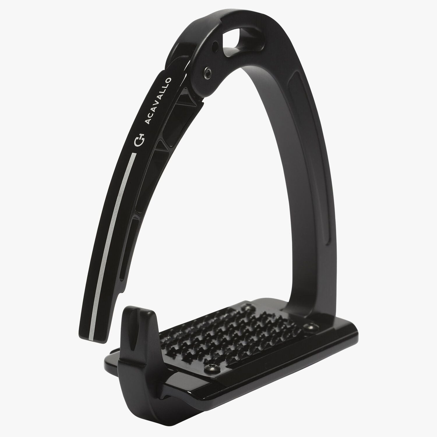 "Stirrups for riding, made of aluminum, while the opening arm is made of a special polyamide material with a platform made of stainless steel.Unique locking and unlocking mechanism, located between the lower end of the outer pivot arm and the footplate. Simple and reliable ""one-click"" re-engagement of the locking mechanism and release of the bracket once activated."